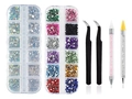 Acrylic nail art rhinestone kit with tweezers, dotting pens, and multi-color crystals - 2 Boxes Rhinestones + 2 Tweezers + 2 Wax Pens