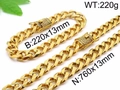 Set collana cubana da uomo in acciaio al titanio dorato con chiusura con diamanti - Set Collana e Bracciale (KS96877-K) / 760x13mm/220x13mm / Oro