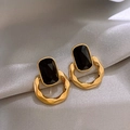 Vintage style gold earrings with black rectangular gems and pearls on silver silk - No.40 Silver Pin Black Square Style