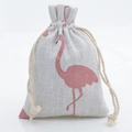 Linen drawstring jewelry pouch with pink flamingo print and dual cord closure - 10x14cm / White Flamingo