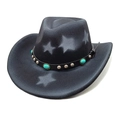 Detail of black cowboy hat featuring turquoise studs and grey star patterns - Black
