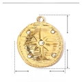 Detail showing 21mm star embossed gold stainless steel pendant with rhinestone dimensions - Round Starburst Zirconia / Gold