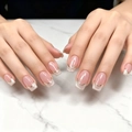 French nude press-on nails with silver glitter tips and gold wire square design - Pink Silver Glitter Gold Wire French (CW833)