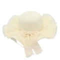 Detail of wide brim straw sun hat featuring wavy organza edge and lace bow ribbon - Cream