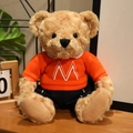 Brown curly teddy bear plush in orange M-shirt and blue shorts on wooden table - M Letter Hoodie Set / Orange