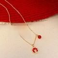 Golden necklace with red pendant featuring a small gold ox, pearls and zircons detail - Necklace - Gold - Red Flower Dragon Pendant