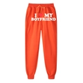 Orange sweatpants with I Love My Boyfriend print and heart graphic, elastic cuffs - S / Orange (Boyfriend)