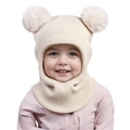 Detail of baby beige knit hat featuring double pom-poms and integrated neck warmer - One Size / Beige