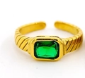Bague ajustable en acier inoxydable doré avec texture diagonale et zircon vert rectangulaire - Zircone Rectangulaire/Vert émeraude (CK1508)