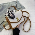 White litchi pattern crossbody bag with brown trim and stylish printed handle scarf - Yellow and White