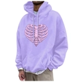 Purple fleece hoodie for men and women featuring pink skeleton heart print and drawstring - S / Tops / Purple