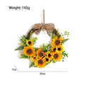 30cm Künstlicher Sonnenblumenkranz mit gelben Blüten, grünen Blättern und Juteschleife - Sonnenblumenkranz