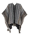 Détail de poncho en tricot avec motifs géométriques ethniques et bordures à pompons - Gris