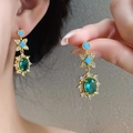 Boucles d'oreilles rétro en or avec papillons turquoise et gemmes vertes en goutte - 21# Boucles d'oreilles pendantes fleur zircone bleu plaqué or 18K (aiguille en argent)
