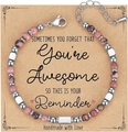 Pink and brown natural stone beaded bracelet with motivational message gift card - Awesome Card Style / With Card / Rhodonite with Black Lines
