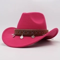 Detailed close-up of pink wool felt cowboy hat with ethnic woven band and coin pendants - Rose Red (Silver Coins)