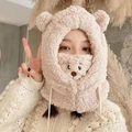 Plush bear-themed hooded scarf mask in beige faux shearling for winter warmth - One Size / Beige