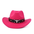 Close-up of rose red felt cowboy hat featuring silver bull head metal ornament and rivets - M (56-59cm) / Rose Red Rivets