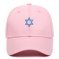 Pink mesh trucker hat featuring blue embroidered Star of David on front 6-panel design - Adjustable / Pink