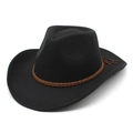 Detail of black wool fedora hat featuring a brown braided leather band and side tassel - M (56-58cm) / Black