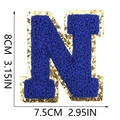 Detail of blue chenille letter N patch with gold sequins showing 8cm height and 7.5cm width - Letter N