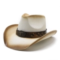 Chapeau de cowboy classique en paille à larges bords avec bandeau relief taureau - M (56-58cm) / Dégradé Blanc et Café