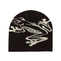 Detail of a black knit beanie featuring a white frog graphic pattern for autumn and winter - Coffee