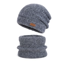 Grey-blue knitted beanie and neck warmer set with a cozy fleece lining and leather patch - Two-Piece Set / Dark Gray