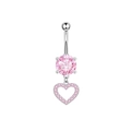 Silver belly button ring with large pink stone and dangling zircon heart pendant - Pink Dangle Heart