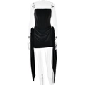 Detail von schwarzem trägerlosem Minikleid mit Korsett-Oberteil, Goldschnalle und Drapierung - S / Schwarz