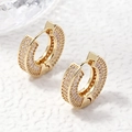Eleganti orecchini a cerchio dorati con pietre di zircone su uno sfondo bianco - Stile Pavé Tondo Dorato
