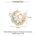 Detail of gold heart moon pendant with pink zircon and dimensions of 14.4mm x 13.3mm - Gold Moon & Heart Style (YE007-2)