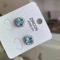 Sterling silver square aquamarine stud earrings surrounded by zircons on a white card - Silver Tone Lake Blue Rhinestone