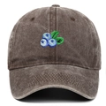 Vue détaillée de face d'une casquette de baseball marron avec broderie myrtille - Réglable / Café