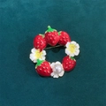 Cute strawberry and flower wreath brooch with white pearl on green velvet - Strawberry Garland