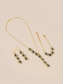 Elegant gold necklace bracelet and earrings set with green petals and white crystals - Green White Flower Jewelry Set