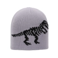 Detail des gestrickten Dinosaurier-Skelettmusters auf einer grauen Wintermütze für Jungen - 2-6 Jahre / Hellgrau