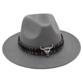 Close-up of ethnic woven band with silver bull head charm on dark grey wool felt fedora - Light Grey (Ethnic Bull)
