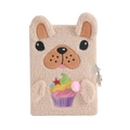 Cute beige A5 plush dog journal with metal lock and colorful cupcake embroidery - Brown
