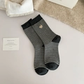 Striped cotton crew socks with brown bear embroidery in grey and black design - One Size / Dark Grey