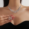Silver bridal jewelry set featuring double V-shape necklace and geometric stud earrings - DTN14027321S-Silver Double Layer V Geometric