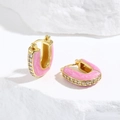 Boucles d'oreilles en U dorées avec émail rose et pavé de zircons blancs brillants - Rose