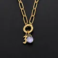 Gold stainless steel paperclip chain necklace with number 3 charm and purple crystal - Lowercase z