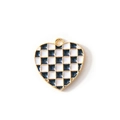 Golden heart pendant with black and white checkerboard pattern for DIY jewelry making - Black Gold Plated