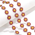 Daisy shaped jewelry chain with red and yellow enamel flower petals and silver metal links - Price per Meter / Steel-Red