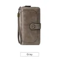 Women long RFID blocking wallet in gray faux leather with wristlet and metal buckle - Gray