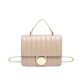 Beige faux leather shoulder bag with quilted vertical texture and gold buckle - Khaki