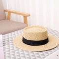 Handmade straw boater hat with a wide black ribbon bow for summer beach vacation - Universal Size / Black