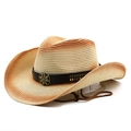 Detail of straw cowboy hat with leather band, metal flower emblem and wind rope - M (56-58cm) / Beige Rust Red Gradient