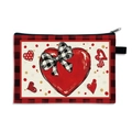 Foldable canvas makeup bag with red heart print and black white checkered bow detail - Pattern 5